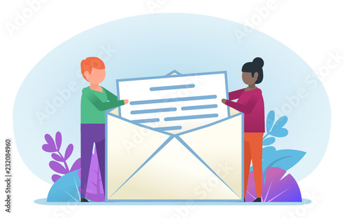 People hold big letter. Receive or send message. Flat design vector illustration