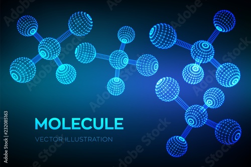 Molecule Structure. Dna, atom, neurons. Molecules and chemical formulas. 3D Scientific molecule background for medicine, science, technology, chemistry, biology. Vector illustration.