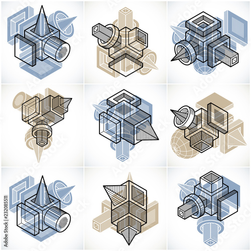 Abstract vectors set, isometric dimensional shapes collection.