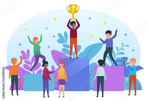 Small people standing on pedestal celebrating victory. Man holding golden cup, winner, celebration. Flat design vector illustration
