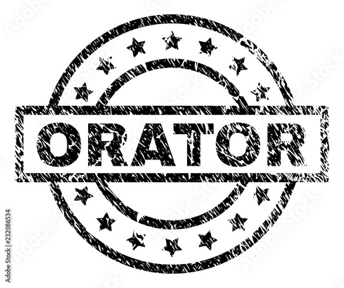 ORATOR stamp seal watermark with distress style. Designed with rectangle, circles and stars. Black vector rubber print of ORATOR tag with unclean texture.
