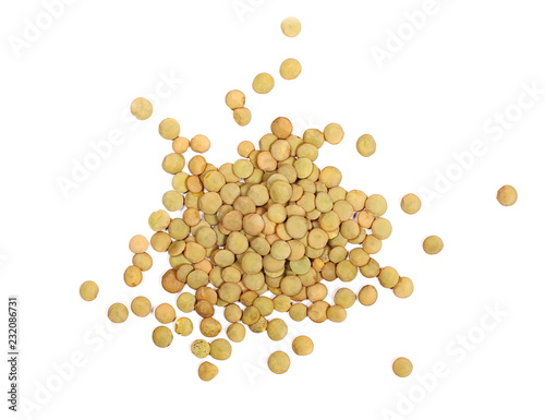 Pile of green lentils isolated on white background, top view