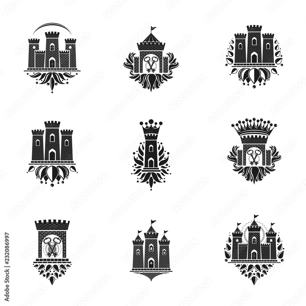 Ancient Fortresses emblems set. Heraldic Coat of Arms, vintage vector logos collection.
