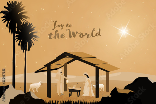 Christmas time. Nativity scene with Mary, Joseph and baby Jesus. Text : Joy to the world