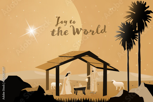Christmas time. Nativity scene with Mary, Joseph and baby Jesus. Text : Joy to the world