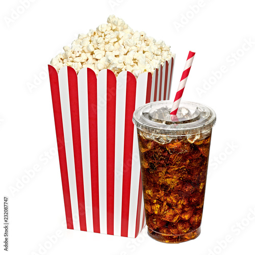 Popcorn in box with cola in takeaway cup on white background