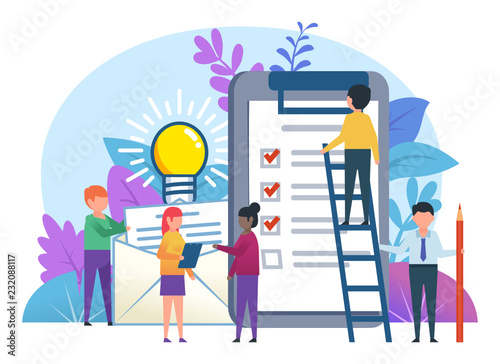 Small people working near big documents, clipboard, to do list. Business planning concept. Flat design vector illustration