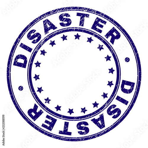 DISASTER stamp seal watermark with distress texture. Designed with round shapes and stars. Blue vector rubber print of DISASTER text with grunge texture.