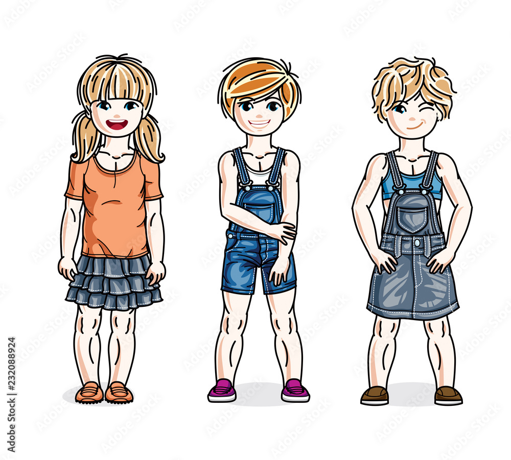 Little girls cute children group standing in stylish casual clothes. Vector diversity kids illustrations set. Little girls cute children group standing in stylish casual clothes. Vector diversity kids illustrations set.