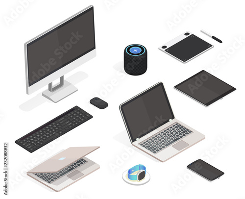 Modern device isometric set. Laptop,  computer, tablet, smart watch, wireless charger, speaker, keyboard and mouse, smartphone. Isolated icon