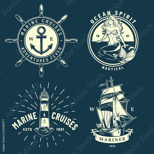 Vintage maritime and sea emblems set
