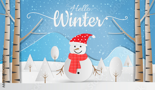 Paper art of snowman in snow forest, Winter season background