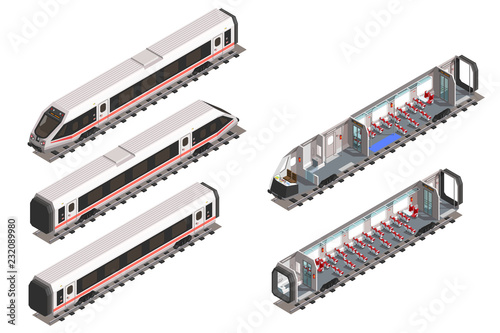 Isometric train scheme interior of passenger seats. Isolated vector modern fast train. 