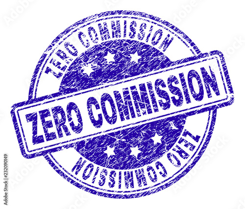 ZERO COMMISSION stamp seal imprint with distress texture. Designed with rounded rectangles and circles. Blue vector rubber print of ZERO COMMISSION title with dust texture. photo