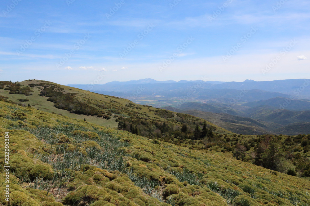 A landscape of Pyrenees mountains and a wide valley with blue cloudy sky, some bushes and fir and pine trees in Peña Oroel, Aragon region, Spain