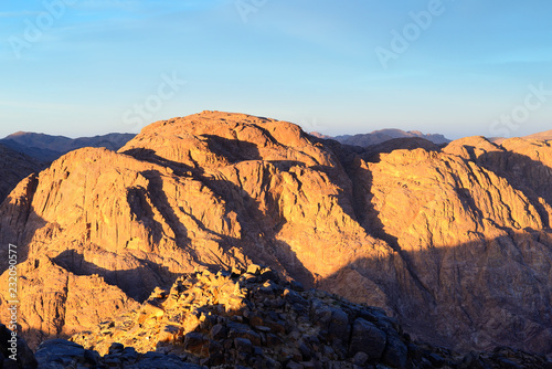 Aerial view of Sinai mountains in Egypt from Mount Moses at sunrise
