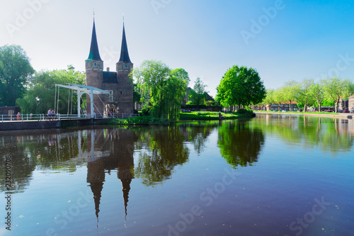 Oosrpoort iconic historical gate in Delft at summer, Netherlands