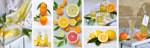 Banners set of citrus fruits and alcohol drinks. Fresh organic juicy fruit - mandarin, lemon, grapefruit. Orange flavored liqueur, Italian Limoncello liquor, tangerine tincture.