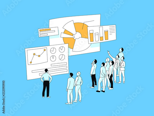 Team discussion of data analysis results. Data science concept vector  illustration. Market research presentation, slides with charts and histograms on a business conference.