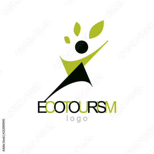 Vector illustration of excited abstract  man with raised reaching up. Ecotourism conceptual logo. Wellness and harmony symbolic symbol.