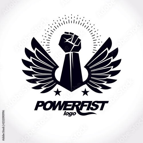 Strong raised arm of athletic man vector illustration. Martial arts championship abstract symbol.