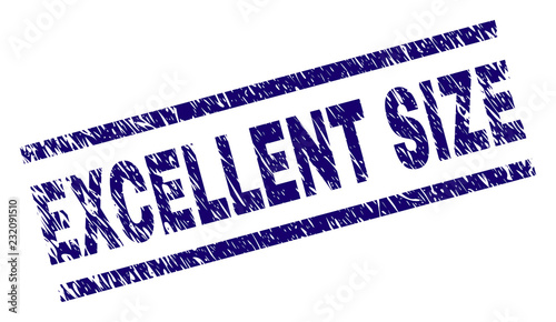 EXCELLENT SIZE seal print with grunge style. Blue vector rubber print of EXCELLENT SIZE caption with unclean texture. Text tag is placed between parallel lines.