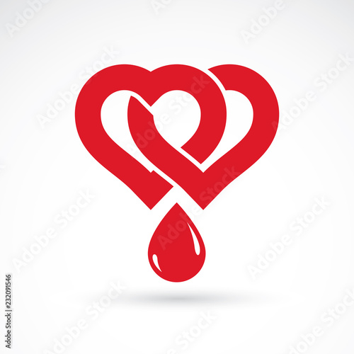 Vector illustration of heart shape and drops of blood. Cardiovascular system diseases remedy conceptual symbol for use in pharmacy.