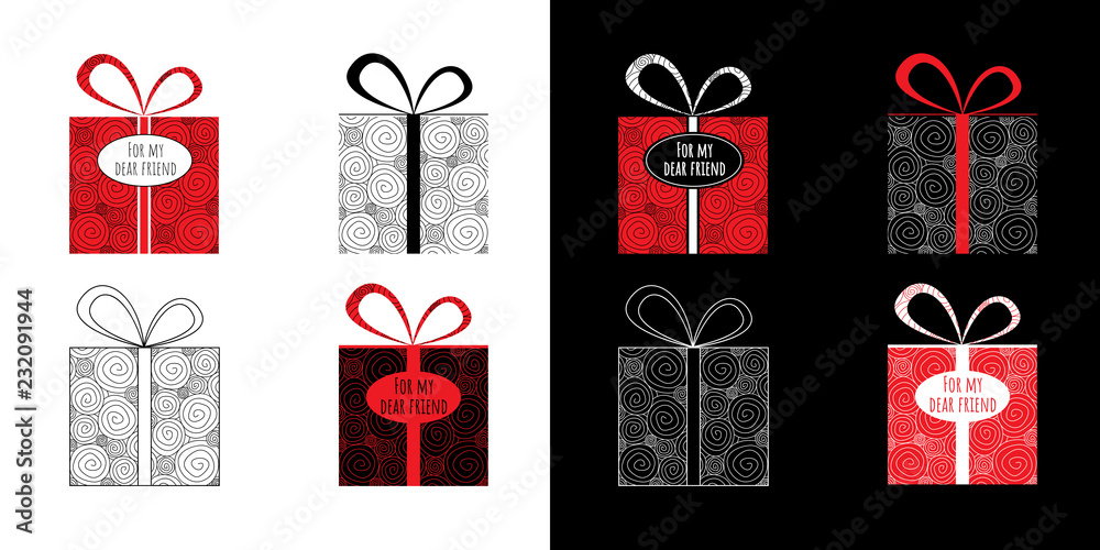 Set of similar gift boxes with ribbon in black, white and red colors. Zentangle style. Vector image.