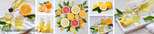 Banners set of citrus fruits and alcohol drinks. Fresh organic juicy fruit - mandarin  lemon  grapefruit. Orange flavored liqueur  Italian Limoncello liquor  tangerine tincture.