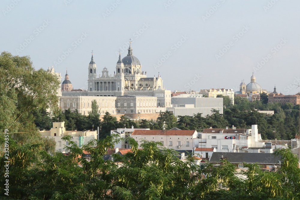 The Almudena Cathedral (Catedral de la Almudena) as seen from the West Gardens (Parque del Oeste) during a summer sunset, Madrid, Spain
