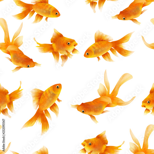 Bright swimming gold fishes seamless pattern on white background