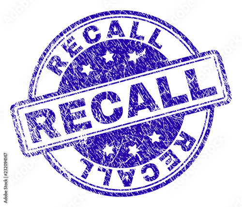 RECALL stamp seal watermark with distress texture. Designed with rounded rectangles and circles. Blue vector rubber print of RECALL text with scratched texture.