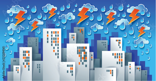 Cityscape under thunderstorm and lightning cartoon vector illustration in paper cut kids application style, high city buildings real property houses and cloudy rainy sky.