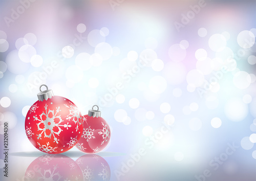 Festive winter background with red holiday balls against silver festive lights  vector background.