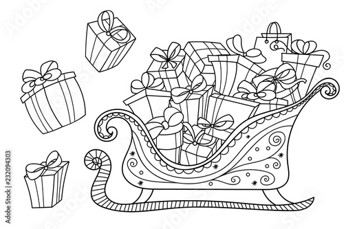 Christmas gifts on a Santa's sleigh. Lots of gift boxes in doodle style. Design for coloring, easy to change colors, gifts are separated.