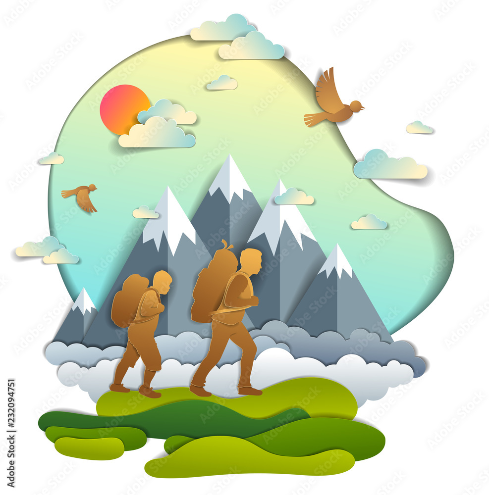 Fototapeta premium Father and son hiking to nature with mountain range, active men, fatherhood and teenager son growing masculine. Vector illustration of beautiful summer scenic landscape, birds in the sky, holidays.