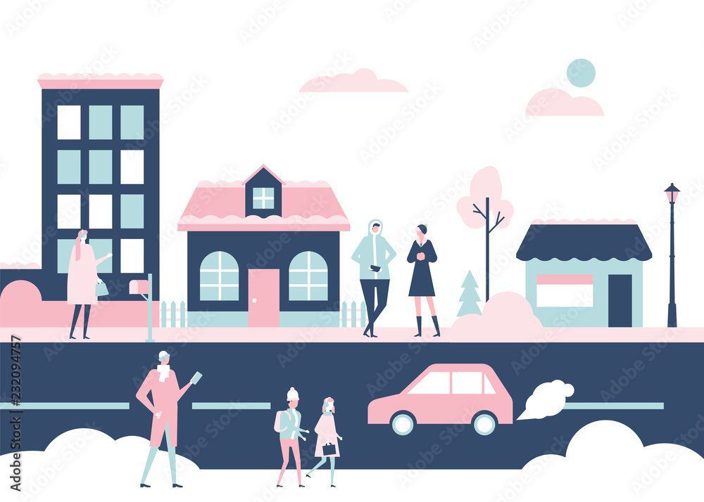 Winter city - flat design style colorful illustration