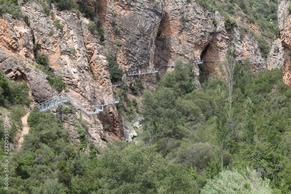 The Vero river canyon during a summer day with the hanging elevated path over it, the typical red iron rock and some trees, in Alquezar, Spain