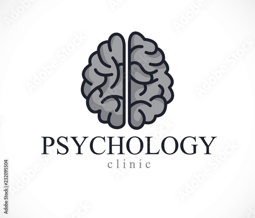 Human anatomical brain, mental health psychology conceptual logo or icon, psychoanalysis and psychotherapy concept. Vector simple classic design.