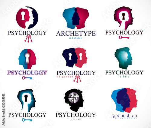 Psychology, human brain, psychoanalysis and psychotherapy, relationship and gender problems, personality and individuality, cerebral neurology, mental health. Vector icons or logos set.
