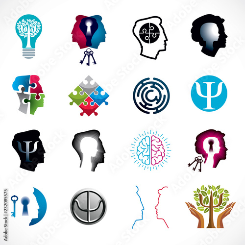 Psychology, human brain, psychoanalysis and psychotherapy, relationship and gender problems, personality and individuality, cerebral neurology, mental health. Vector icons or logos set.