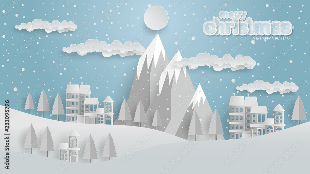 Winter, Village, Forest, Paper Cut, Merry Christmas and Happy New Year Background