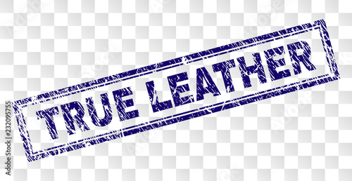TRUE LEATHER stamp seal print with rubber print style and double framed rectangle shape. Stamp is placed on a transparent background.