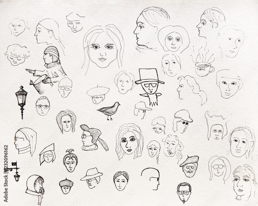 Pen painted portraits on the paper