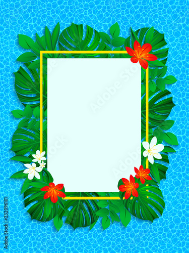 Floral tropical frame. vector exotic flowers illustration. background with jungle plants, palms leaves, sea texture. Vertical border frame. beautiful card for summer, travel, invitation designs.