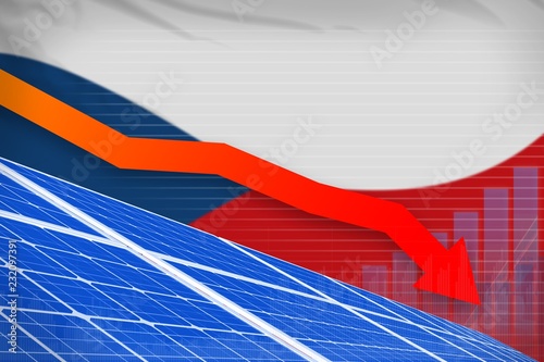 Czechia solar energy power lowering chart  arrow down - environmental natural energy industrial illustration. 3D Illustration
