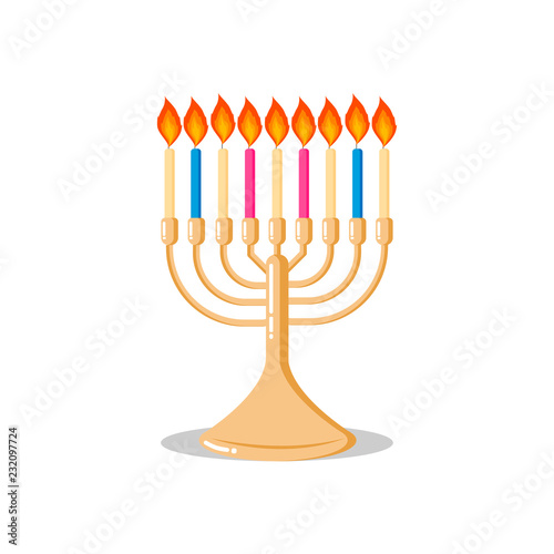 Flat style icon of menorah with candles - jewish traditional candelabra - for Hanukkah or any religious holidays designing for poster, banner, logo, icon, greeting card, invitation. Judaism sign