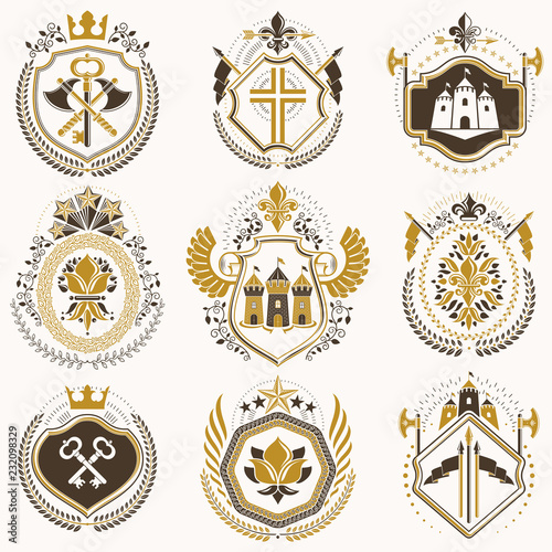 Set of luxury heraldic vector templates. Collection of vector symbolic blazons made using graphic elements, royal crowns, medieval castles, armory and religious crosses.
