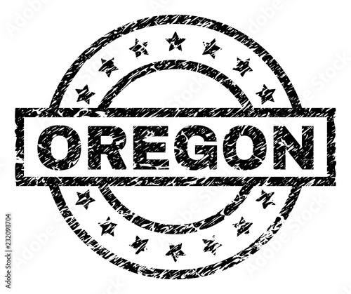 OREGON stamp seal watermark with distress style. Designed with rectangle, circles and stars. Black vector rubber print of OREGON label with retro texture.