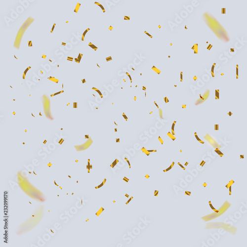 Golden confetti falling down isolated over grey background. Some of them at bokeh blurred. Vector illustration.